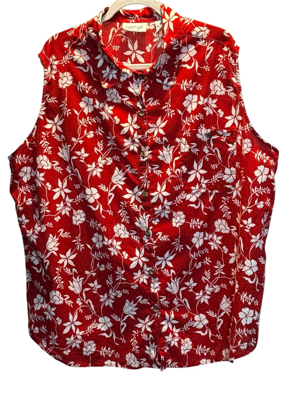 Krazy Kat Red Floral Sleeveless Button-Up Top 2Xl